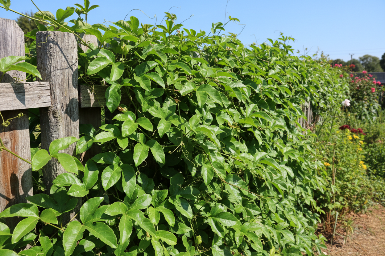 Passion Fruit "Bounty" (Passiflora edulis 'Bounty') climbing fence with no fruit