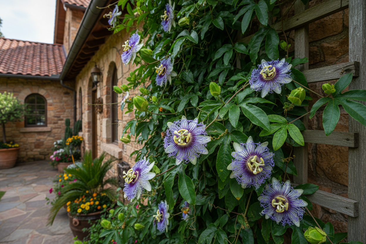 Passion Fruit "Bounty" (Passiflora edulis 'Bounty') climbing house with flowers