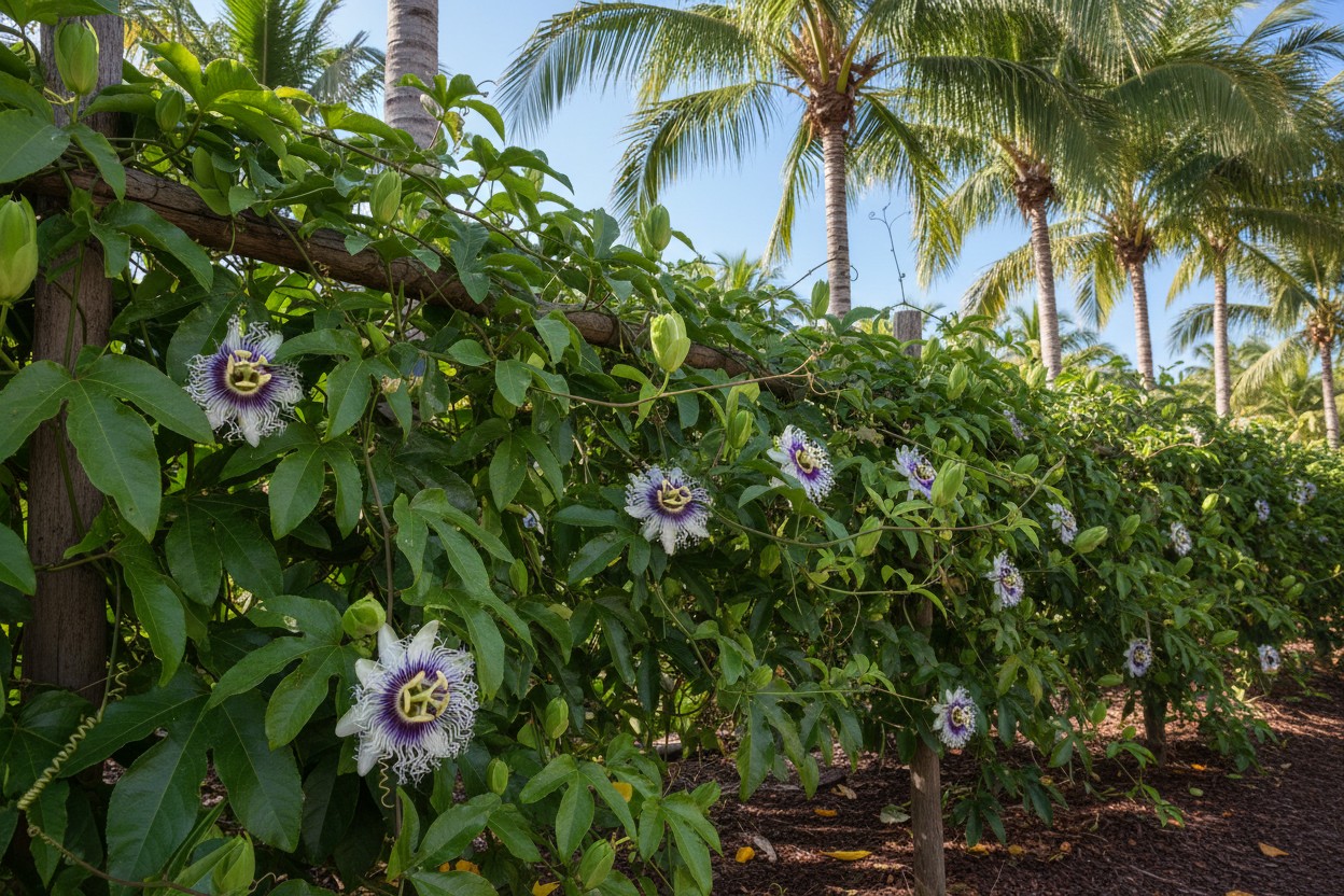 Passion Fruit "Bounty" (Passiflora edulis 'Bounty') next to palm trees