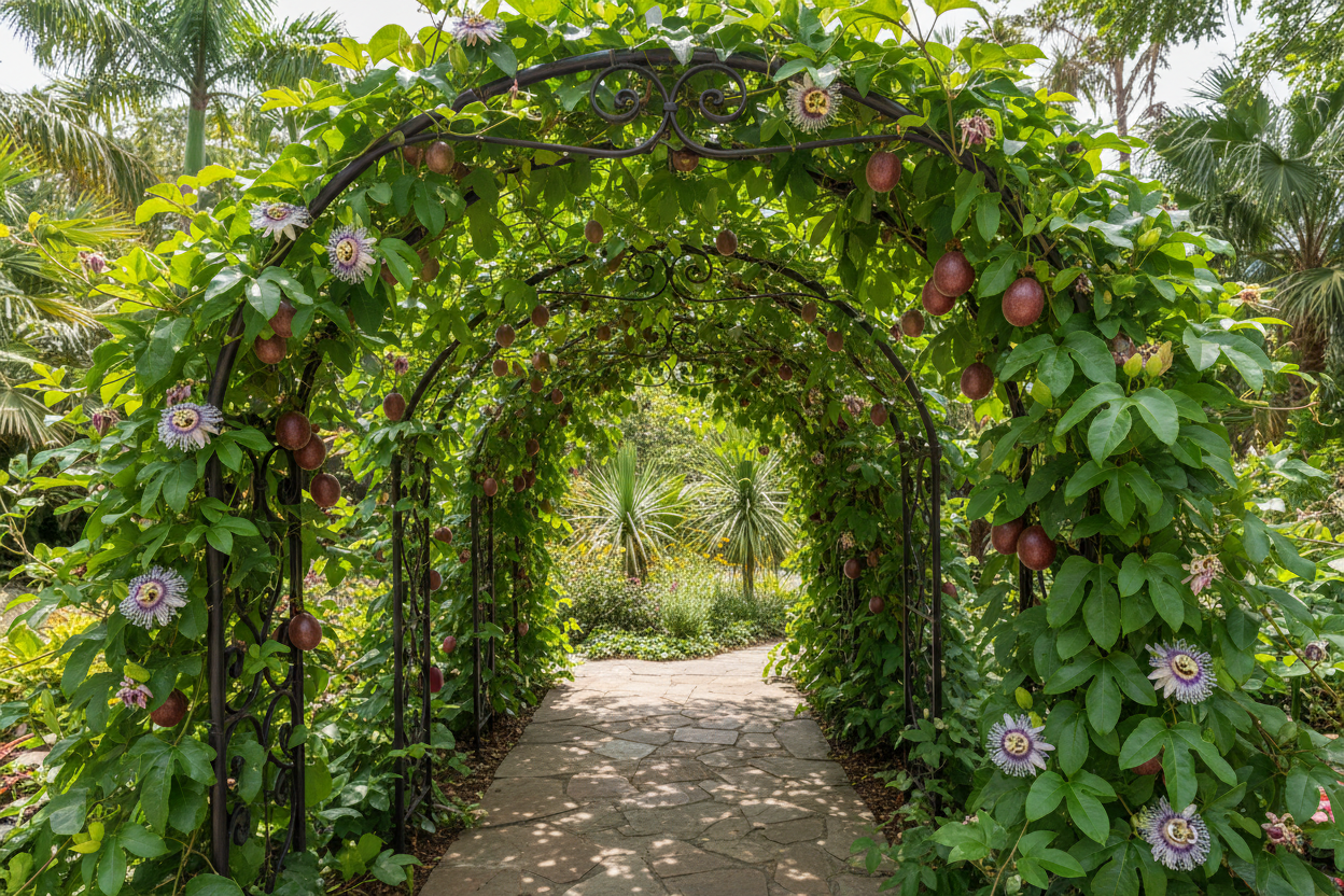 Passion Fruit "Panama Red" (Passiflora edulis 'Panama Red) climbing around arch trellis