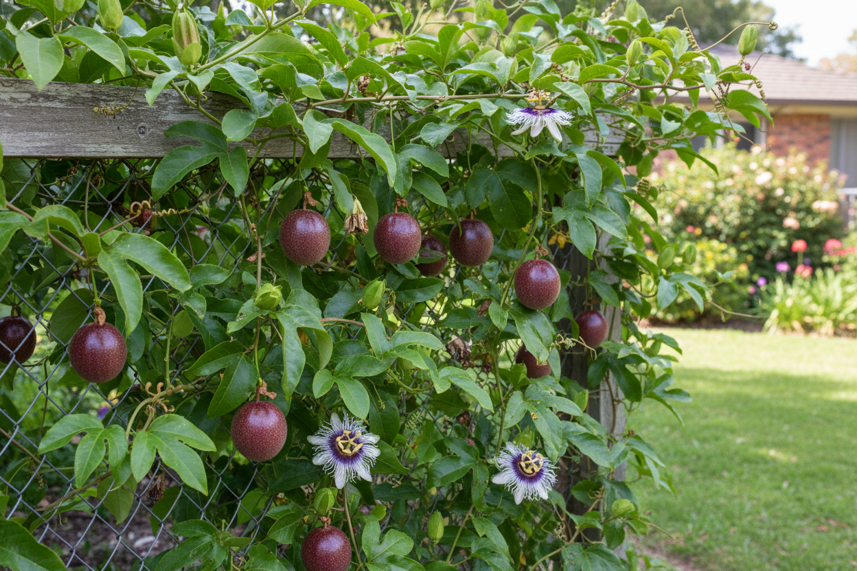 Passion Fruit "Panama Red" (Passiflora edulis 'Panama Red) in yard