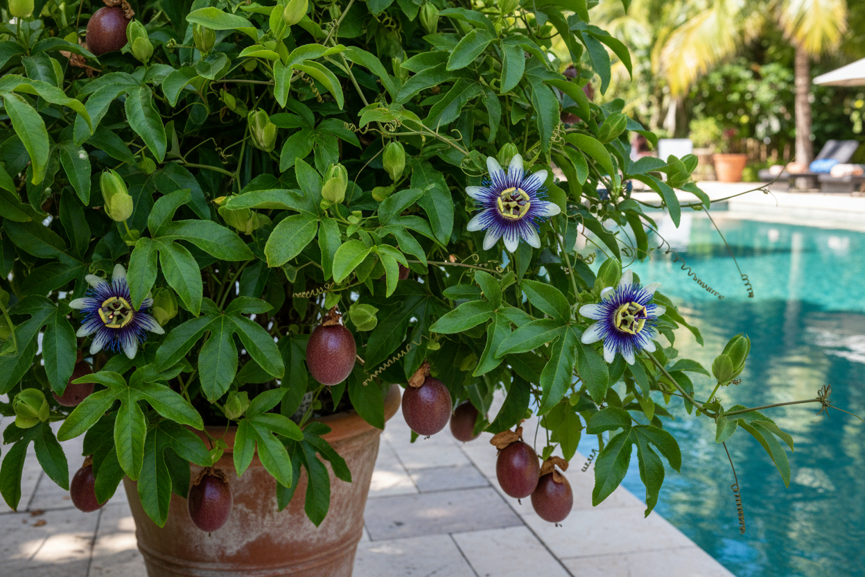 Passion Fruit "Panama Red" (Passiflora edulis 'Panama Red) off the pool