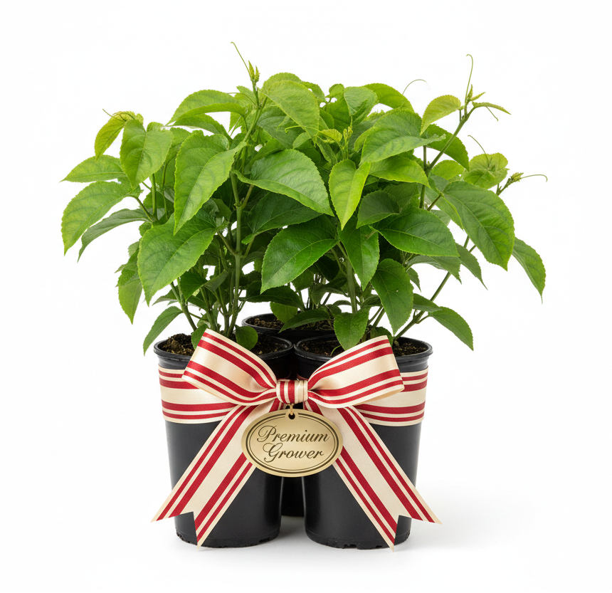 Two potted plants with a decorative bow and label on a white background