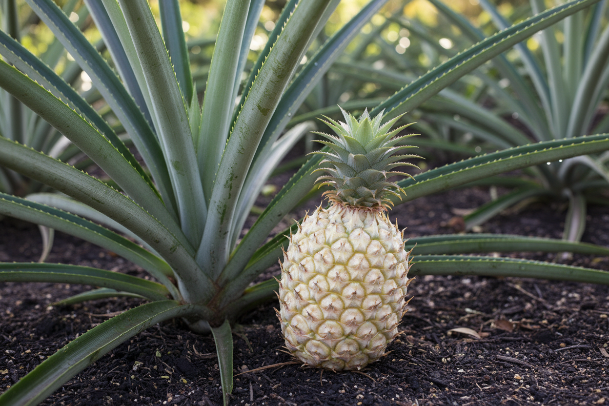 Pineapple White Jade (Ananas comosus) fruit next to plant