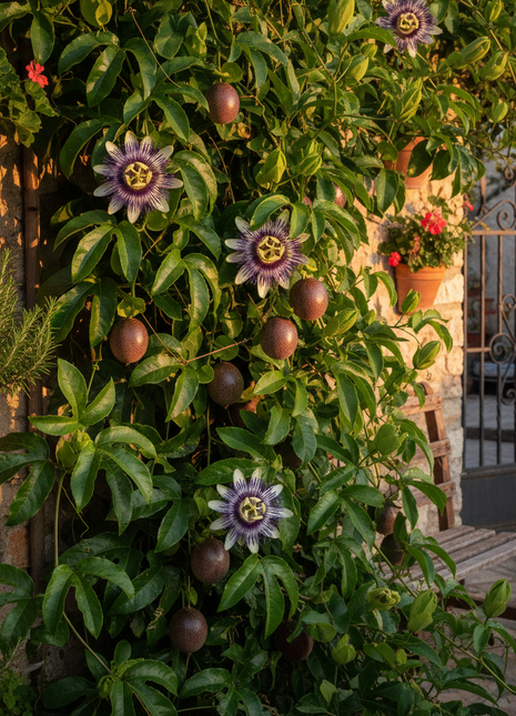 A lush garden wall covered with green passionflower vines, purple flowers with yellow centers, and brown oval fruits, with potted plants and a stone gate in the background.