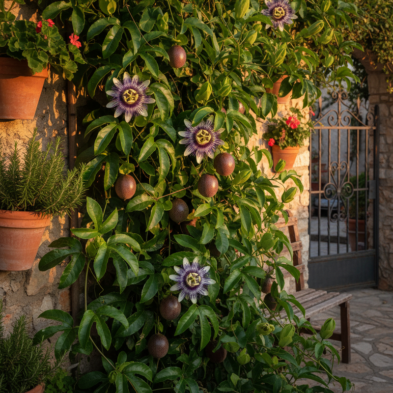 A lush garden wall covered with green passionflower vines, purple flowers with yellow centers, and brown oval fruits, with potted plants and a stone gate in the background.