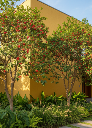 Tree with red fruits in front of a yellow building