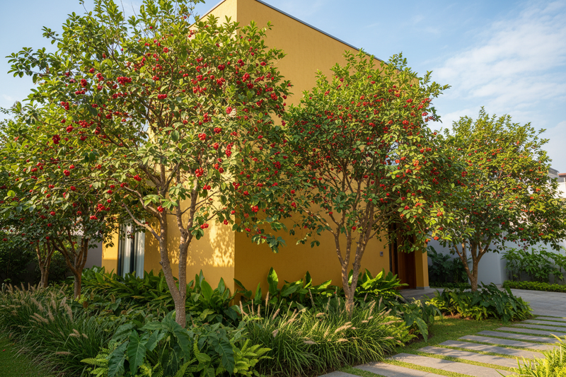 Tree with red fruits in front of a yellow building