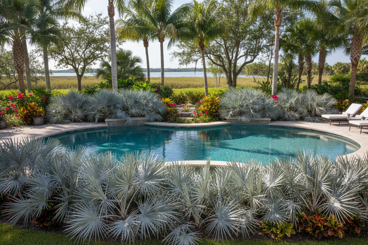 Silver Sal Palmettos (Serenoa repens 'Silver')  around pool