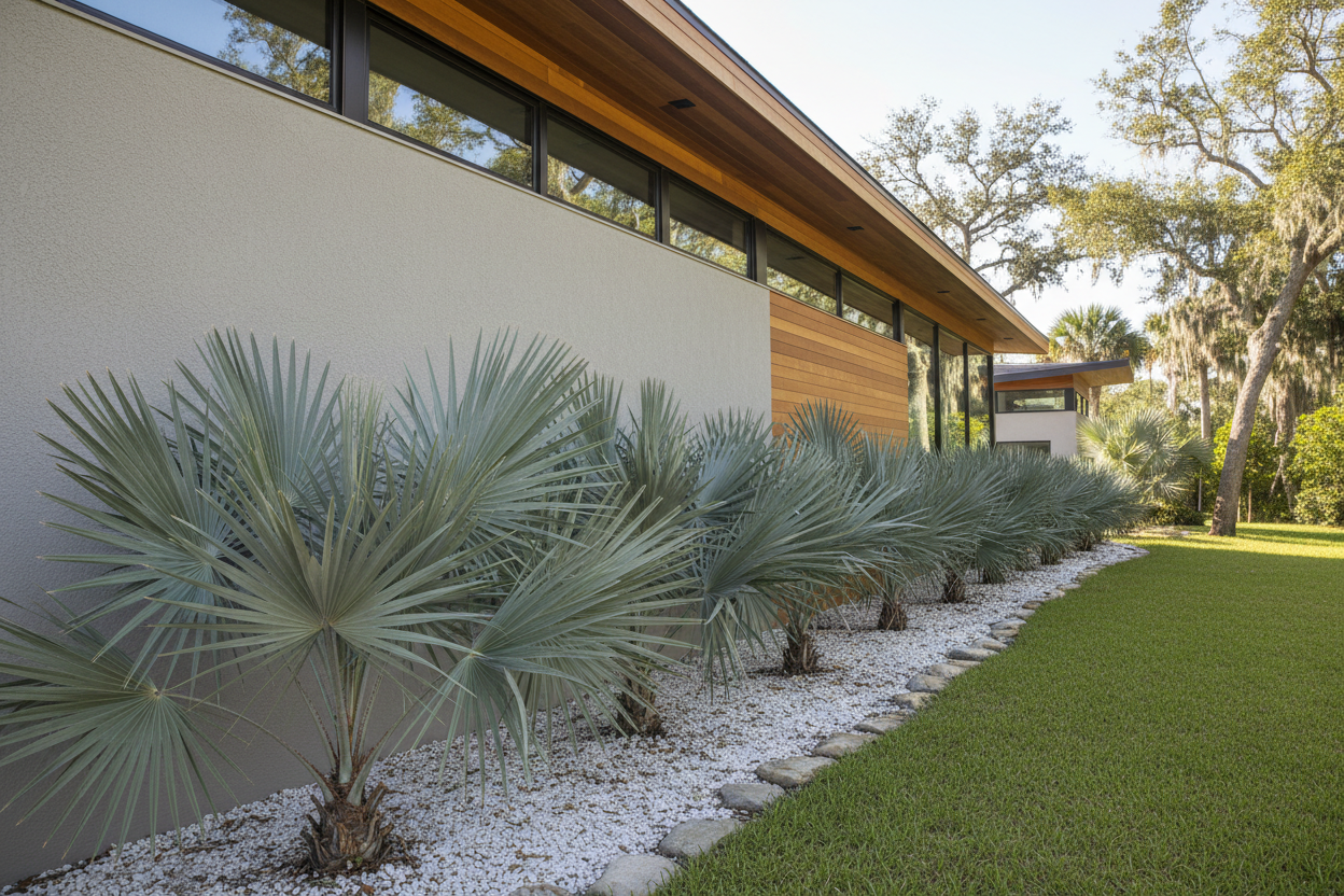 Silver Sal Palmettos (Serenoa repens 'Silver')  on side of modern house