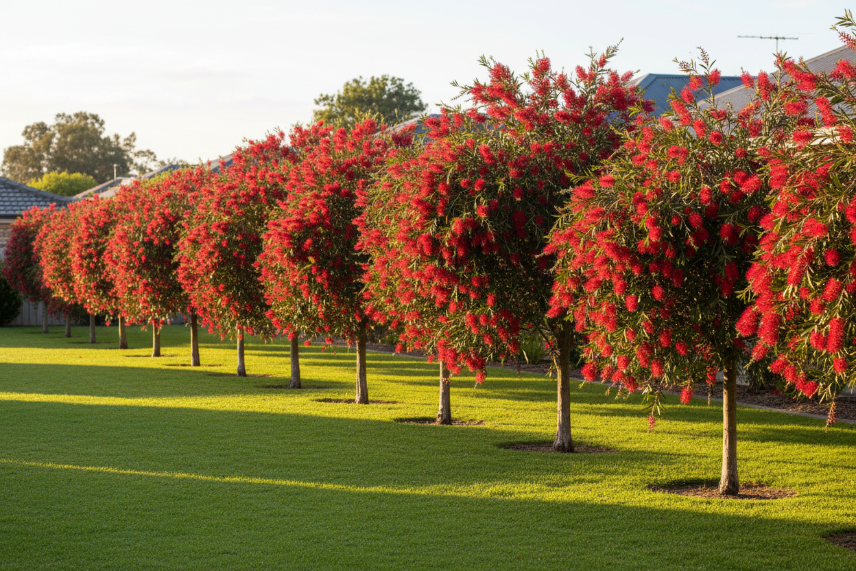 Standard Bottlebrush (Calistemon viminalis) row of 10 in backyard