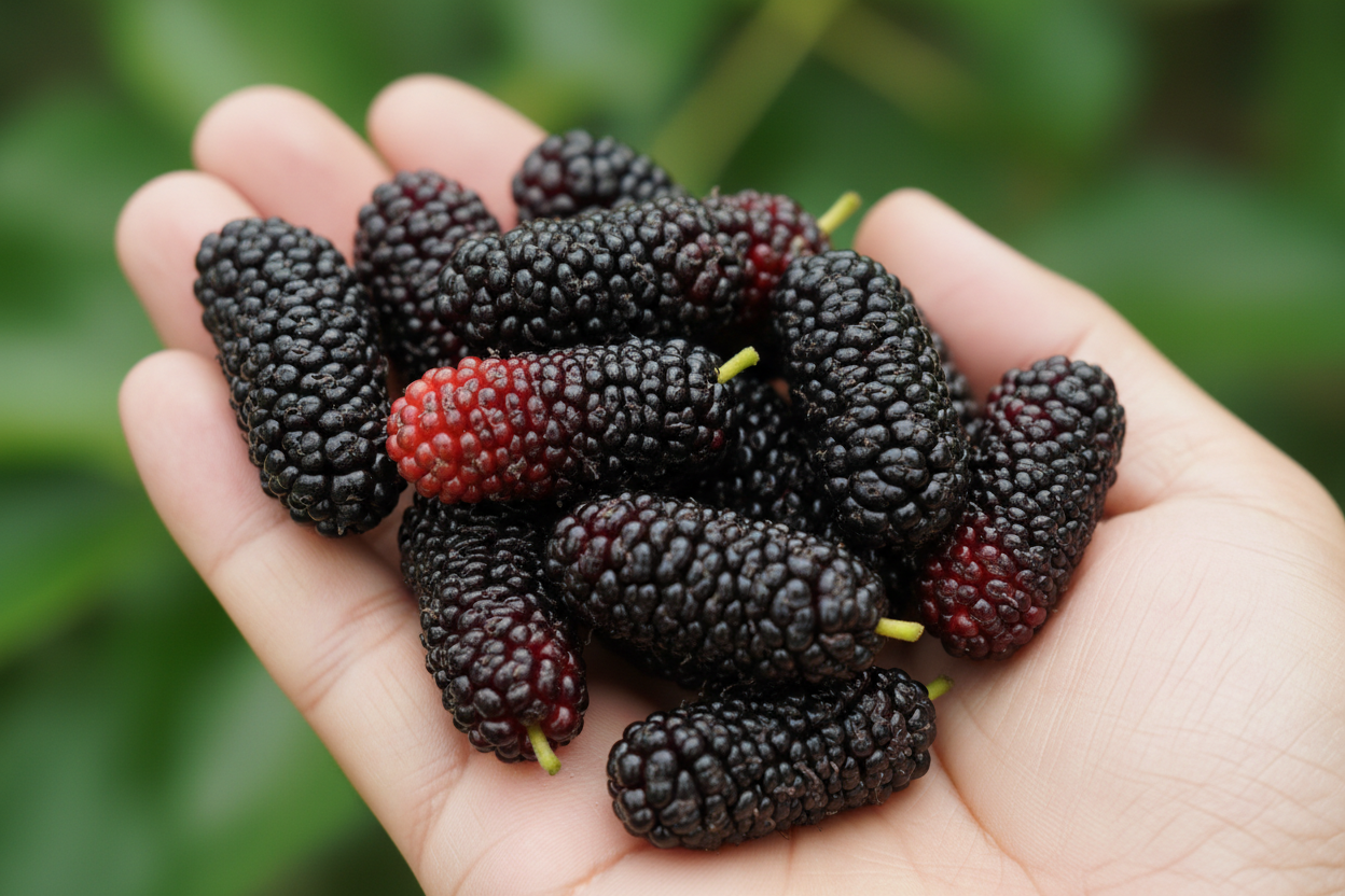 Hand holding a bunch of black mulberries with a blurred green background