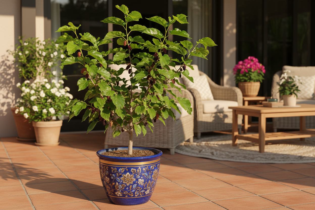 Potted plant on a patio with outdoor furniture and decor