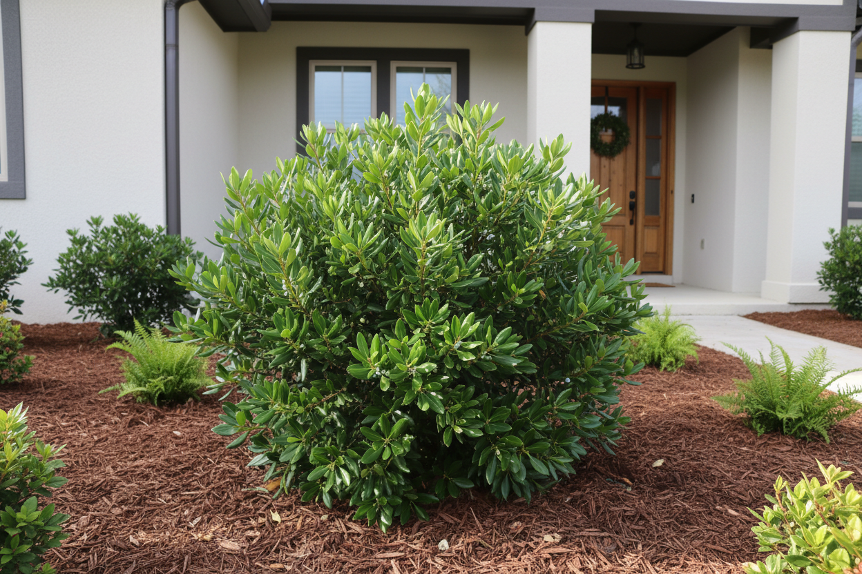Wax myrtle shrub in front of house