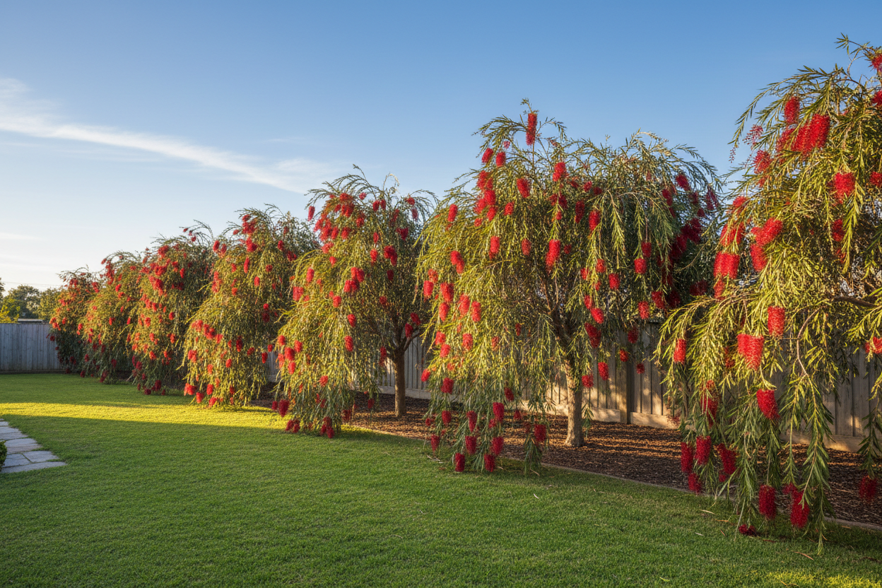 Weeping Bottlebrush Tree (Callistemon Viminalis weeping) make a row of 10 in backyard