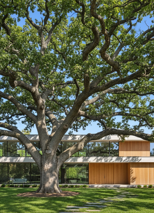 A modern single-story house with white concrete walls, large glass windows, and light wood paneling, set in a lush green lawn beneath the sprawling branches of a massive oak tree.