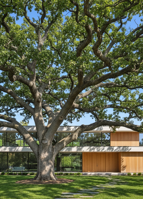 A modern single-story house with white concrete walls, large glass windows, and light wood paneling, set in a lush green lawn beneath the sprawling branches of a massive oak tree.