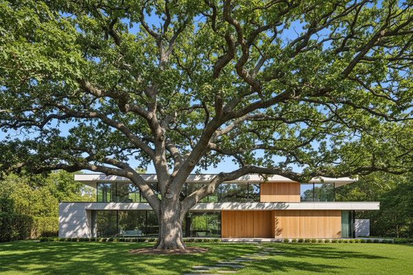 A modern single-story house with white concrete walls, large glass windows, and light wood paneling, set in a lush green lawn beneath the sprawling branches of a massive oak tree.
