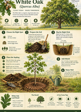 An educational infographic poster titled 'White Oak (Quercus Alba)' detailing the care and planting process. The poster features a large illustration of a mature white oak tree, a smaller sapling, and a cross-section diagram of the root system.