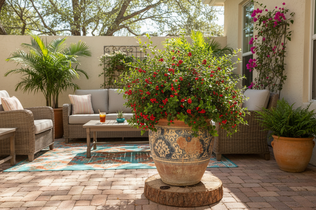 Yaupon Holly Florida (Ilex vomitoria) back patio