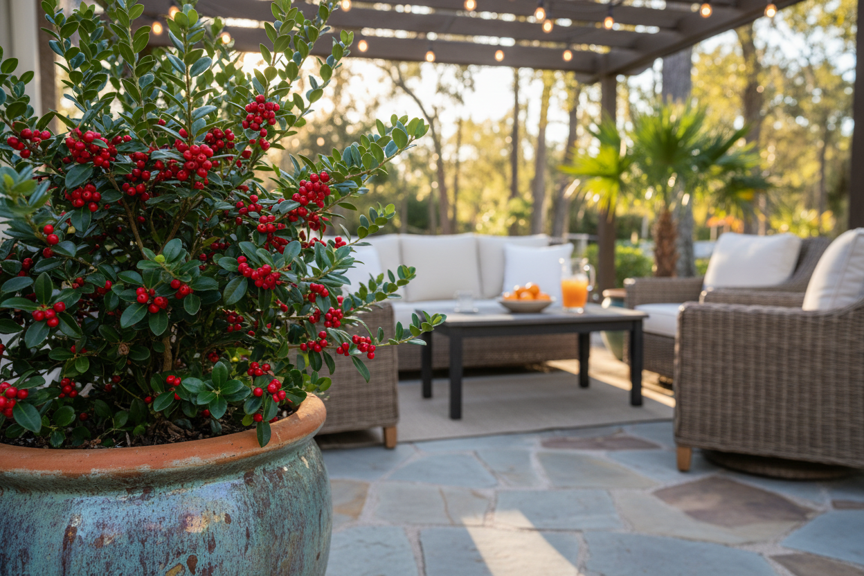 Yaupon Holly Florida (Ilex vomitoria) back patio 