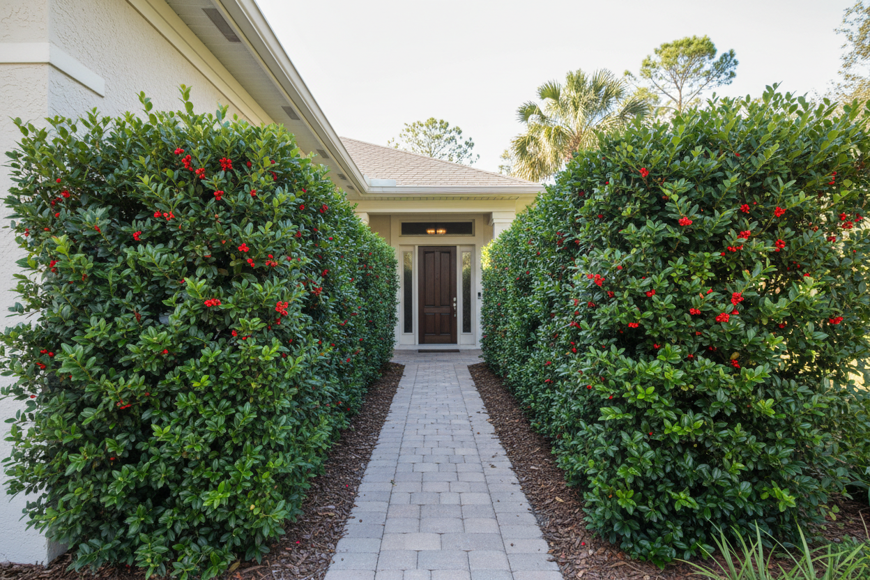 Yaupon Holly Florida (Ilex vomitoria) hedge on each side of house