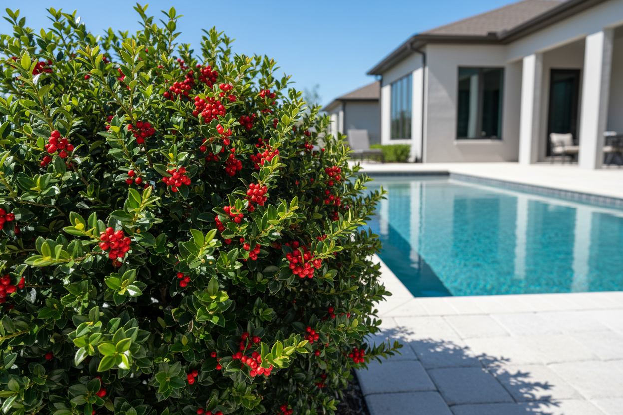 Yaupon Holly Florida (Ilex vomitoria) shrub next to pool