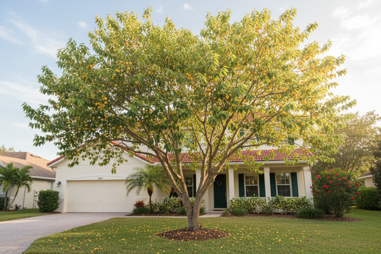 Yellow Jamaican Cherry (Muntigia Calabura) in front of house