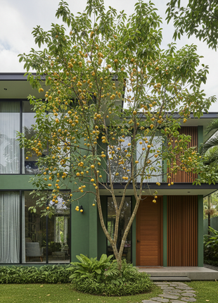 Modern house with green exterior and brown door, surrounded by tropical plants and trees.