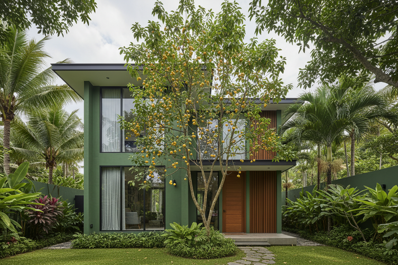 Modern house with green exterior and brown door, surrounded by tropical plants and trees.
